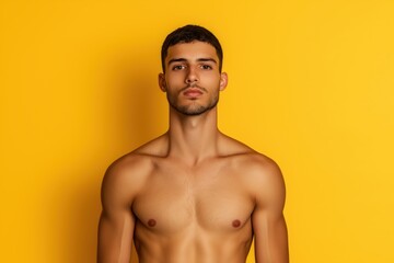 Fototapeta premium A man with a shaved chest stands in front of a yellow wall. He has a serious expression on his face