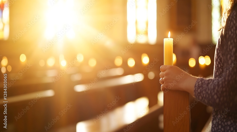 Aufkleber Warm light illuminating a candle held in a serene church setting creating a peaceful atmosphere : Generative AI