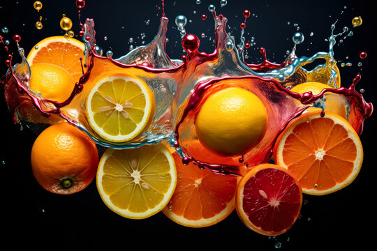 Splash of water with a bunch of oranges and lemons