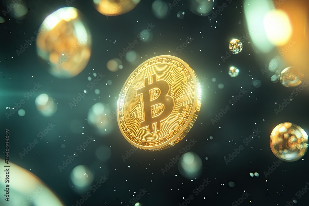 Poster bitcoins, a virtual currency with a golden backdrop. a golden比特币 coin emblematic of blockchain techn