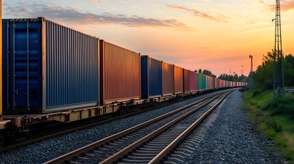 Obraz premium Vibrant Sunset Over Freight Train with Colorful Containers Along the Tracks in a Serene Landscape : Generative AI