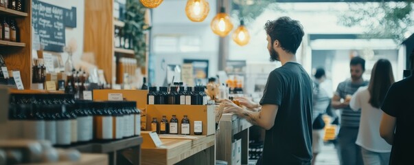 Obraz premium Young caucasian male shopping in modern store with organic products and warm lighting