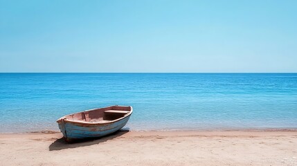 Obraz premium Tranquil view of a rustic wooden boat resting on a peaceful beach under a bright blue sky and clear water : Generative AI