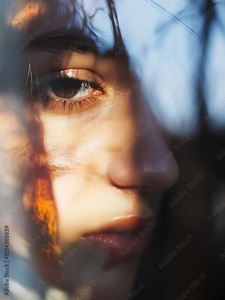 Fototapete close up of a woman's face with soft natural light highlighting her features and shadows creating an