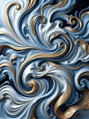 Elegant abstract smooth dynamic composition Digital artwork with flowing swirls and curves. Harmonious palette of deep blue, shimmering gold, and pure white, Royalty luxury vintage look. Invitation