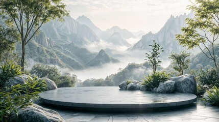 a round stone platform overlooking the misty mountains