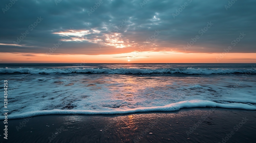 Poster Stunning beach sunset with waves crashing on the shore creating a tranquil and mesmerizing atmosphere : Generative AI