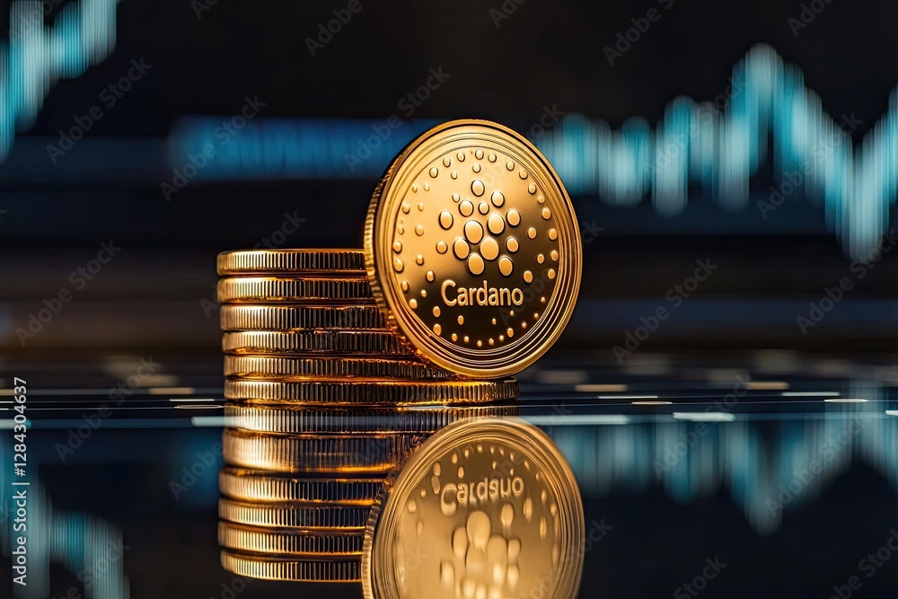 Poster a close-up image of the ada cryptocurrency coin positioned in front of a price chart