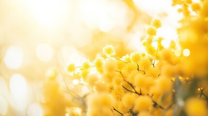 Bright yellow blossoms illuminated by soft sunlight create warm,
