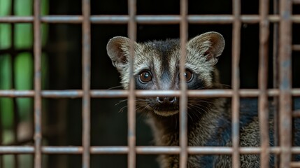 Captive civet behind rusty bars in an enclosure