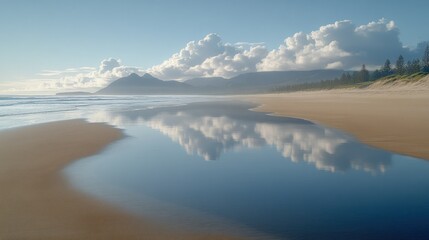 Obraz premium Calm morning beach reflection of clouds