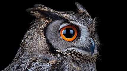Closeup of an owl with intense orange eyes, black background, sharp focus on feathers