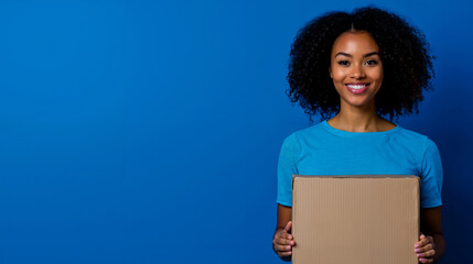A woman holding a cardboard box in front of a blue background