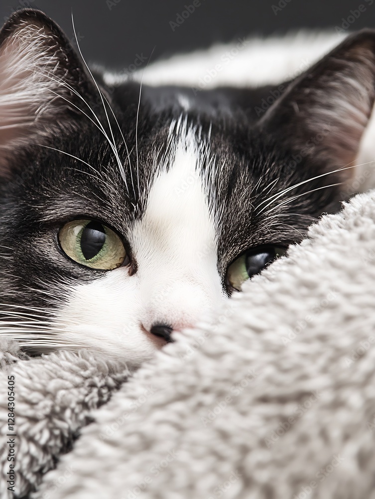 Poster closeup of a content domestic cat relaxing with green eyes peeking through soft fabric : generative 