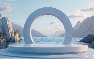 stone podium with a circular arch, sea landscape background for product presentation