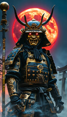 Obraz premium Towering Oni Warrior Warlord Beneath the Blood Moon, black-and-gold samurai armor, golden mask, glowing red crimson, ivory horns, Oni Demon, Troll, ogre, Japanese folklore mythology