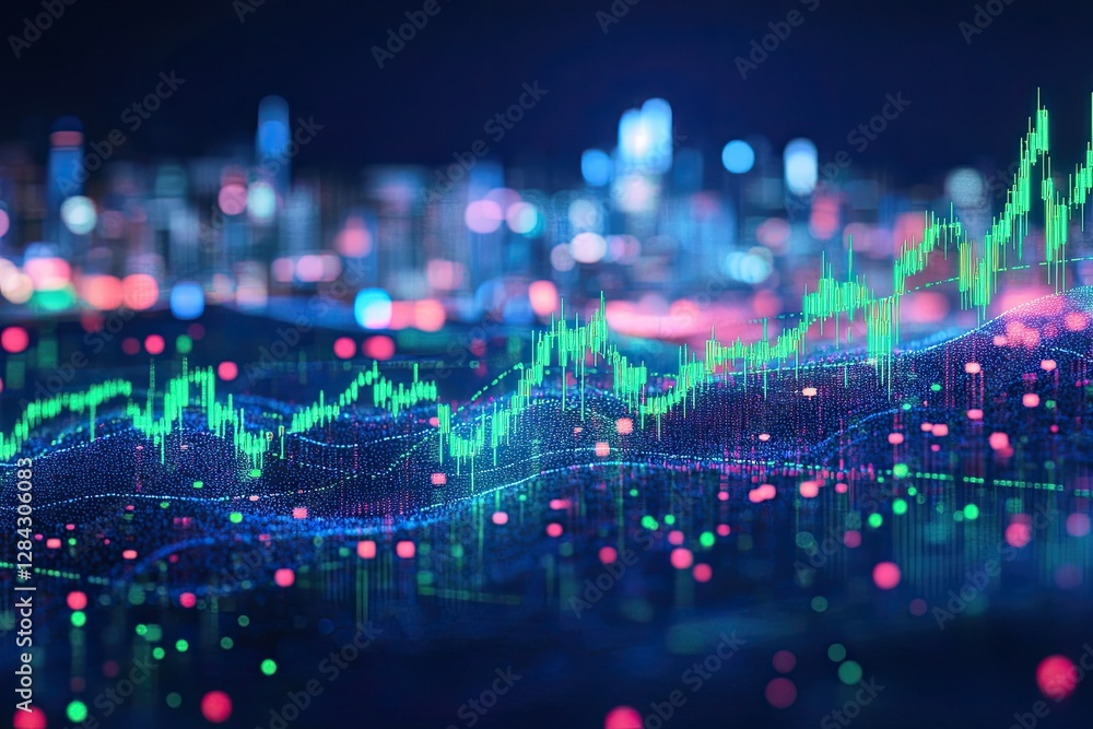 Poster a close-up of a financial chart showing an upward trend line with candlestick graphs in the market d