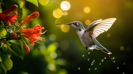 Naklejka premium Hummingbird flying near red flowers with droplets, showcasing the beauty of nature, wildlife, and pollination in a vibrant outdoor setting with soft bokeh.