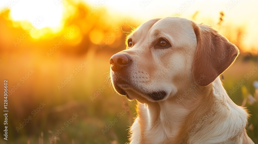 Poster golden sunset portrait of a happy labrador retriever in a scenic field : generative ai
