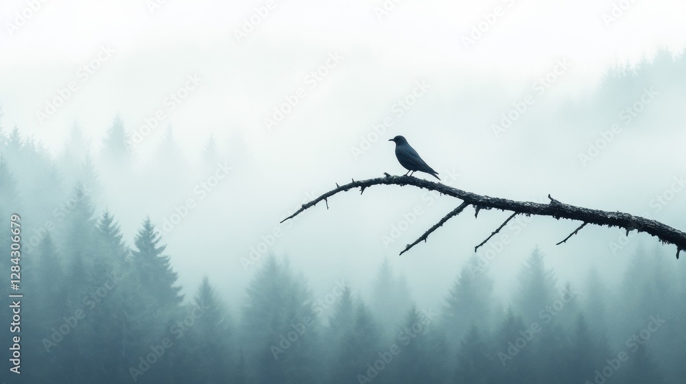 Poster lone bird perched on a dead tree branch amid foggy mountain landscape in a serene moment. generative