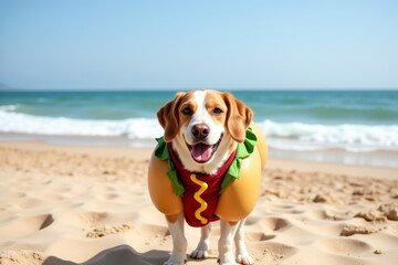 Cheerful dog in hotdog costume standing on sandy beach with ocean waves in background. Concept involves dog in hotdog costume, capturing playful spirit of pets at the beach.