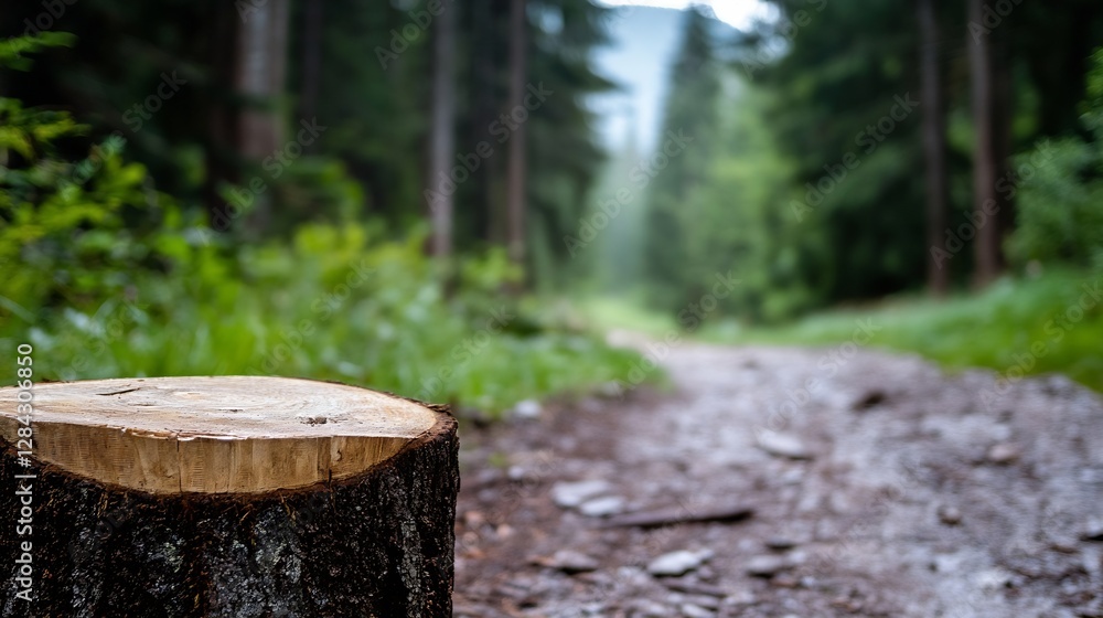 Poster Closeup of a tree stump in a lush forest path with greenery and trees in the background : Generative AI