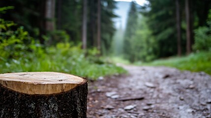 Naklejka premium Closeup of a tree stump in a lush forest path with greenery and trees in the background : Generative AI