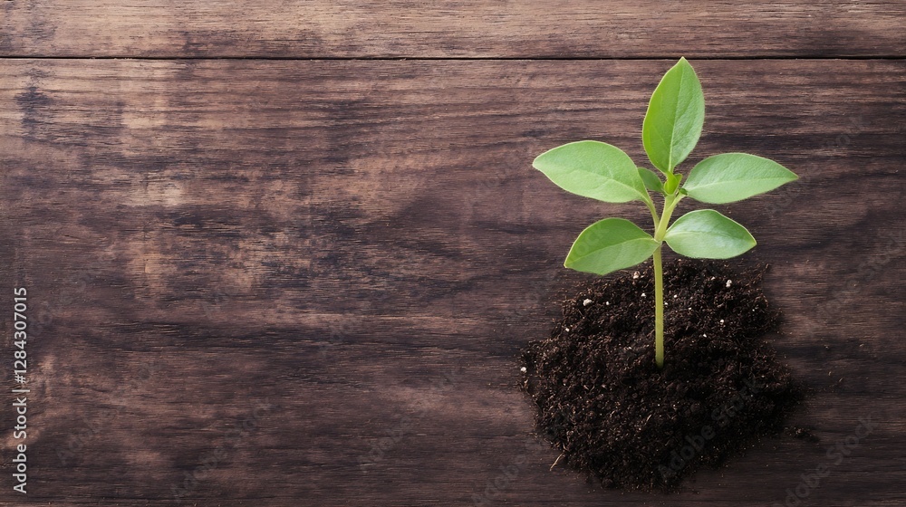Poster green plant growing from soil on rustic wood table displaying nature and growth : generative ai