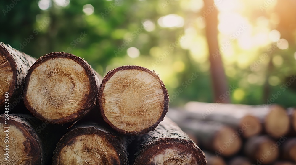 Poster beautiful close up of freshly cut logs in a serene forest setting with sun shining through : generat