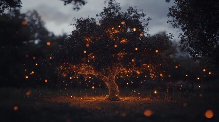 Naklejka premium Luminous Tree with Glowing Spheres in a Dark Outdoors Landscape with Mystical Atmosphere