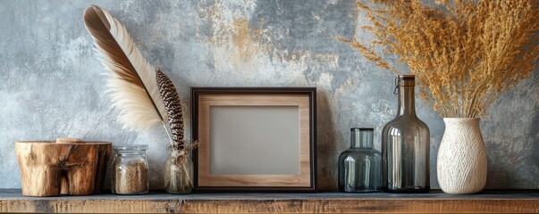 Rustic shelf decor with feather, vase, bottles, and empty frame on textured wall