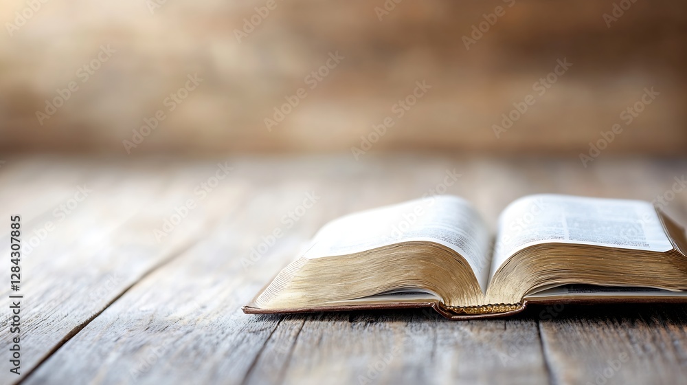 Poster An open book resting on a rustic wooden table inviting readers into the world of literature and knowledge : Generative AI