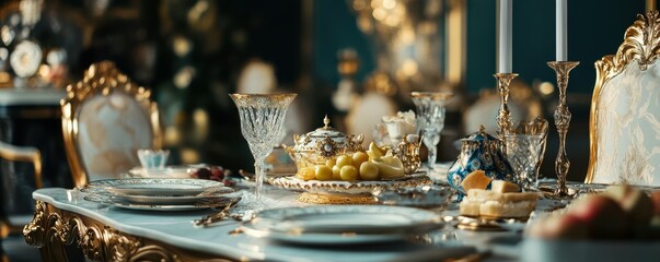 Luxurious dining table with golden decor and elegant tableware in an opulent setting