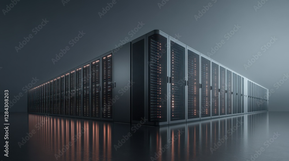 Poster vast modern data center with rows of illuminated servers in dimly lit environment