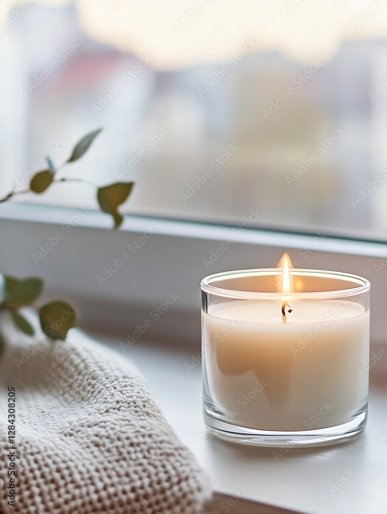 Poster Cozy home setting featuring a glowing candle next to a soft knit blanket and a window view : Generative AI