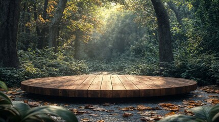 Wooden round stage for product presentation in a forest landscape