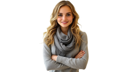 Woman in cozy sweater poses smiling warmly indoors