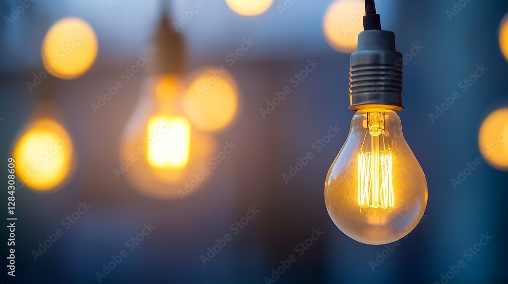 Poster vintage light bulb glowing warmly against a bokeh background of soft glowing lights in the night : g