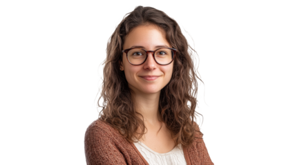 Curly haired woman in glasses smiling