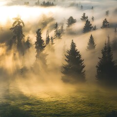 Naklejka premium Ultra-Realistic Foggy Forest with Golden Sunlight – Mystical Nature Scene in High Resolution (1)