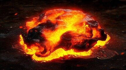Fiery Lava Sphere Emanating Intense Heat on a Dark Volcanic Ground Surface Close Up