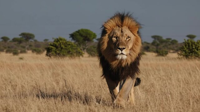A majestic lion strides through the savannah, captured from a low-angle perspective, evoking a cinematic video style with a focus on natural grandeur.