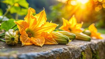 Golden squash blossoms lie on a stone ledge. Light filters through delicate petals. Blurred zucchini patch.  