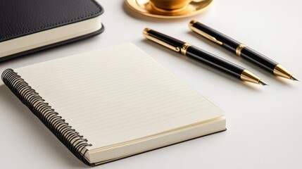 A clean workspace featuring a blank notebook, two pens, and a cup, perfect for writing or brainstorming ideas.