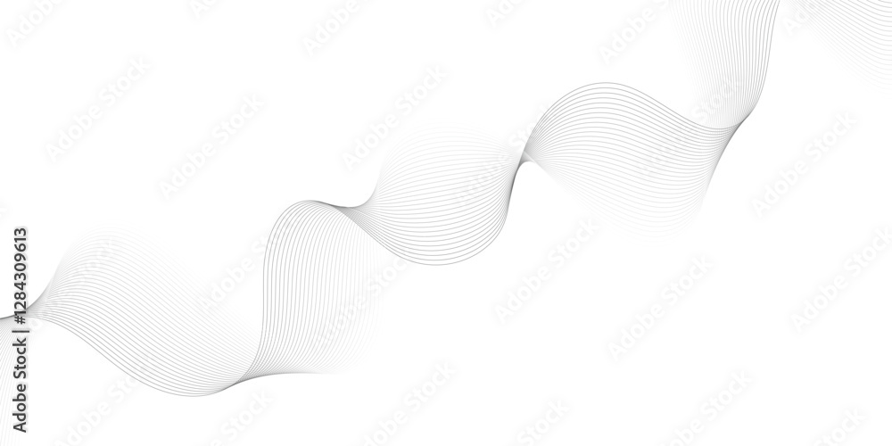 Poster Abstract grey, white smooth element swoosh speed wave modern stream background. Wave with lines created using blend tool. Abstract frequency sound wave lines and twisted curve lines background.
