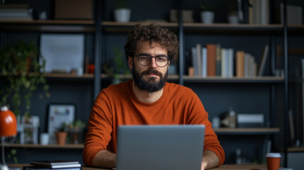 focused man with curly hair and glasses working on laptop in modern office setting, surrounded by books and plants, conveying sense of concentration and productivity