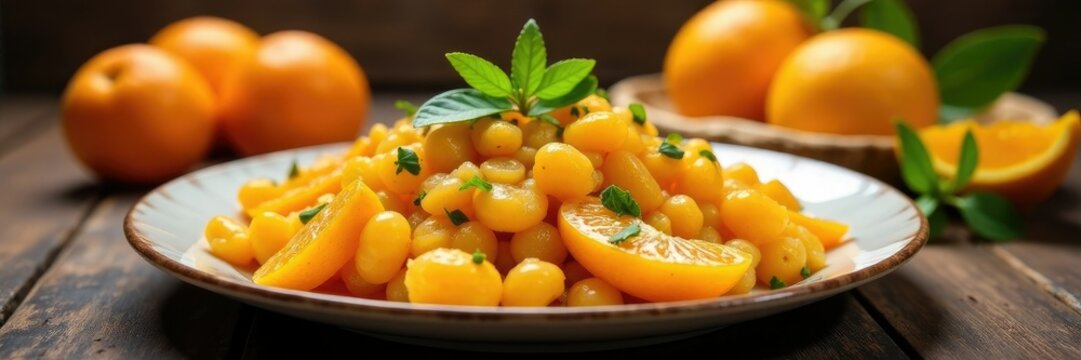 Comida para presentar en una mesa con naranjas y manzanas, aceites,