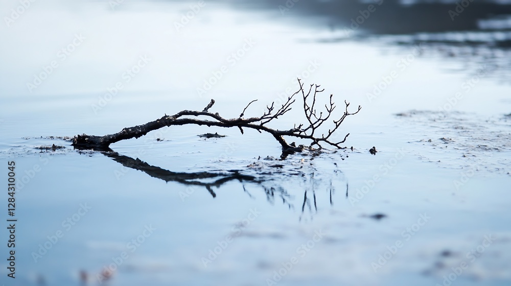 Aufkleber calm and reflective scene of a branch captured on still water at dawn showcasing tranquility : gener