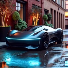 dark metal car of the future with a streamlined shape with neon lighting, against the backdrop of a brick house