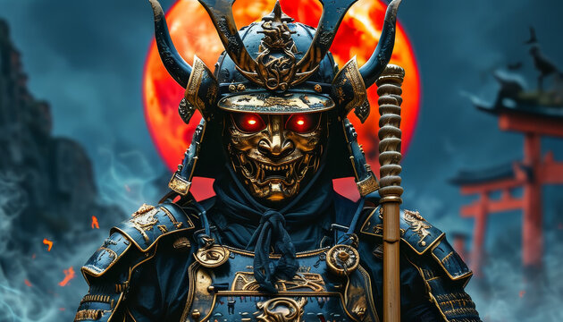 Towering Oni Warrior Warlord Beneath the Blood Moon, black-and-gold samurai armor, golden mask, glowing red crimson, ivory horns, Oni Demon, Troll, ogre, Japanese folklore mythology